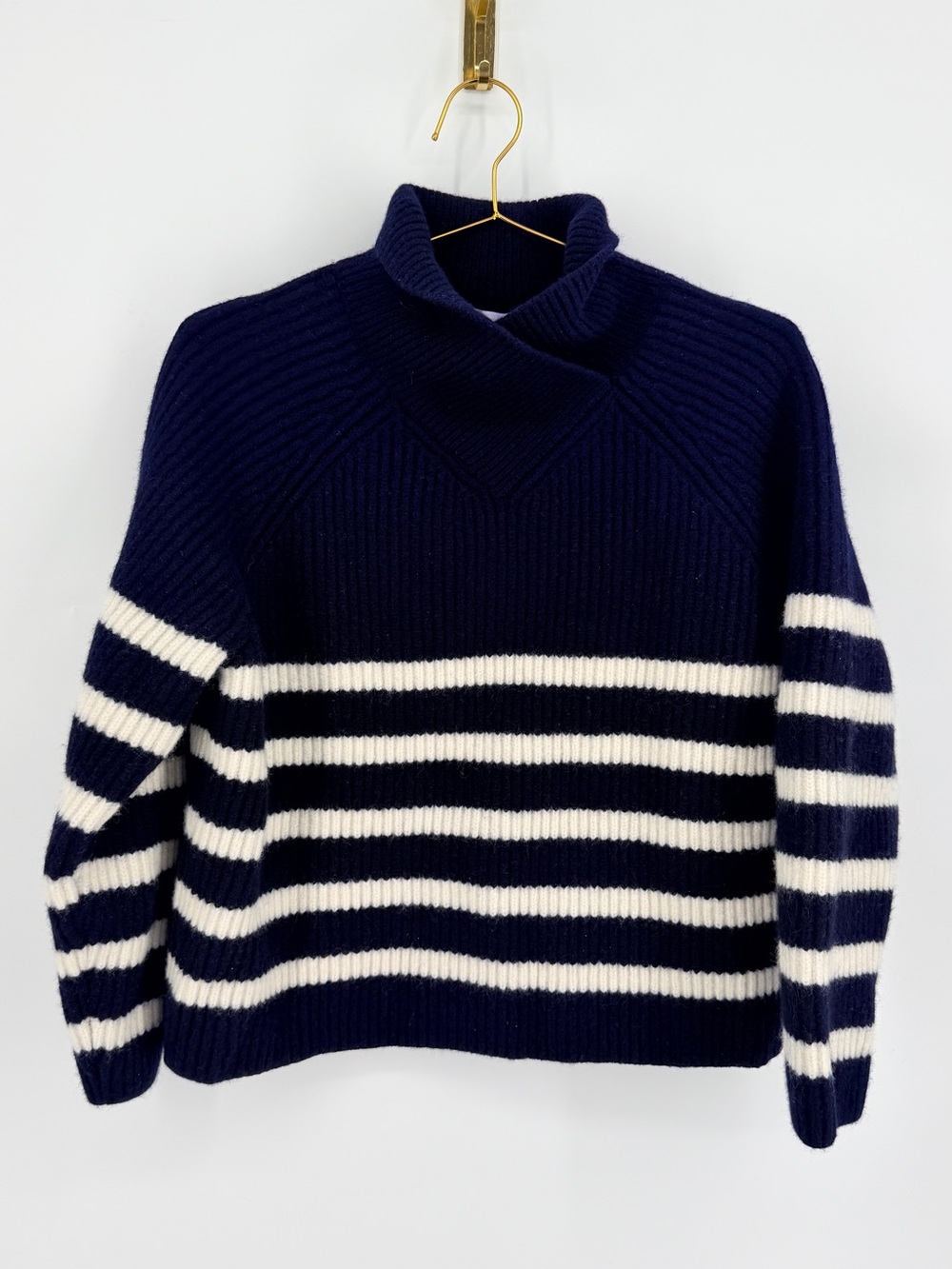 COS 100% Wool Navy & Ivory Striped Ribbed Turtleneck Sweater Size M